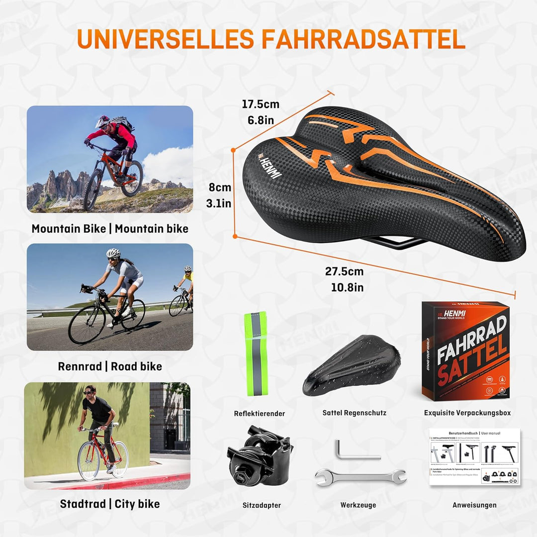 HENMI Fahrradsattel Herren Damen Weicher, Komfortabel Atmungsaktiv Stoßdämpfend Ergonomisch Fahrrad Sattel für Mountainbike MTB Trekking E-Bike Rennrad Fahrradsitz