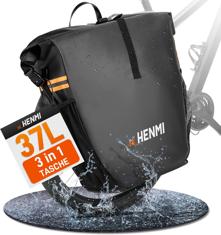 HENMI Fahrrad Gepäckträgertasche Wasserdicht, 37L Fahrradtaschen für Gepäckträger mit Tragegriff und Schultergurt, 3 in 1 Fahrradtasche Rucksack, Schwarz