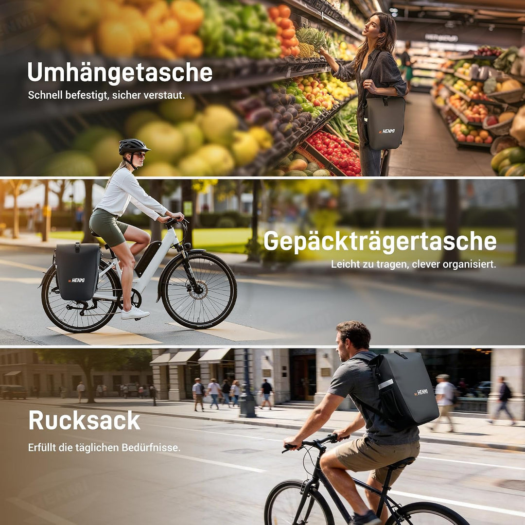 HENMI 3 in1 Fahrradtasche 28L Fahrradtaschen Gepäckträger mit Wasserdicht und Reflektierend, Geeignet als Gepäckträgertasche, Rucksack, Umhängetasche