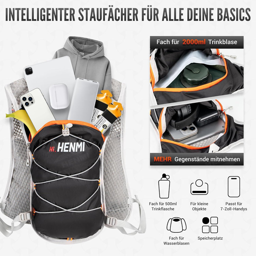 HENMI Trinkrucksack mit 2L Wasserblase,Verstellbare Laufweste Reflektierender Laufrucksack für Damen & Herren Läufe,Jogging,Radfahren