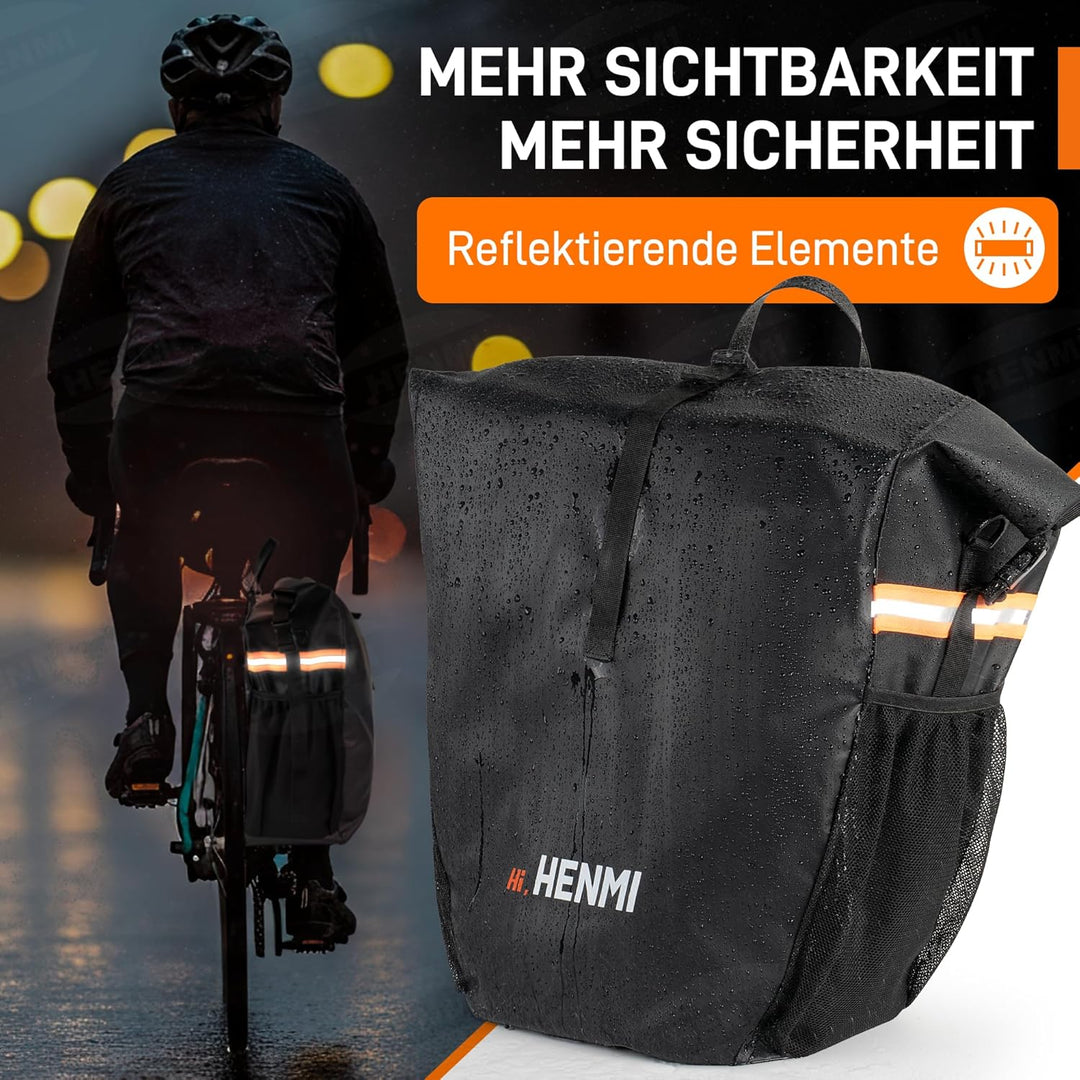 HENMI Fahrrad Gepäckträgertasche Wasserdicht, 37L Fahrradtaschen für Gepäckträger mit Tragegriff und Schultergurt, 3 in 1 Fahrradtasche Rucksack, Schwarz
