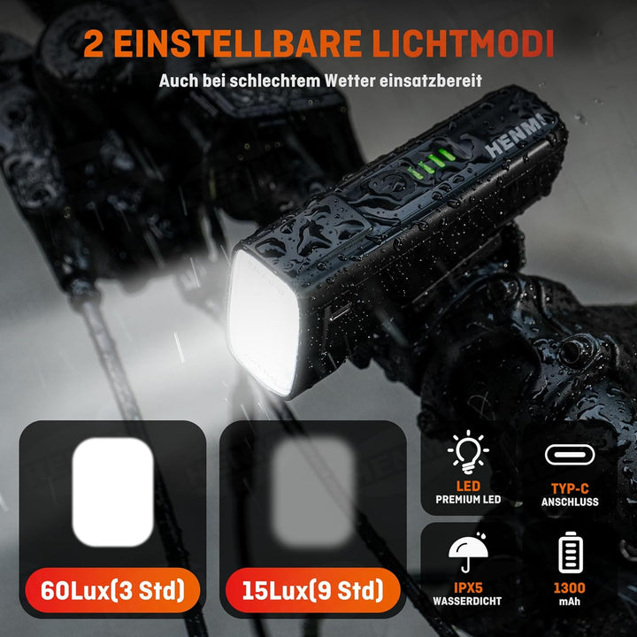 HENMI Led Fahrradlicht Vorne Akku 60/15 LUX, StVZO Zugelassen Fahrradlampe Vorne Aufladbar mit Akkuwarnungsfunktion, IPX5 Wasserdicht Fahrrad licht mit USB C Fahrradbeleuchtung