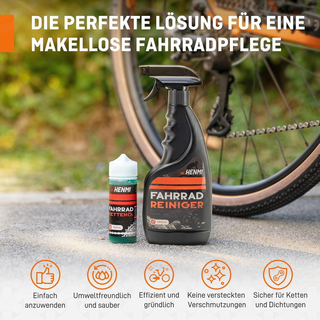 HENMI Fahrrad Reinigungsset, 7 in 1 Kettenreiniger Fahrradkette Set mit Fahrradreiniger 500ml + Fahrradkettenöl 100ml Clean Fit für Fahrradkette/Kurbel/Reifen/Radfahren Ecke Fleck für Alle Fahrräder