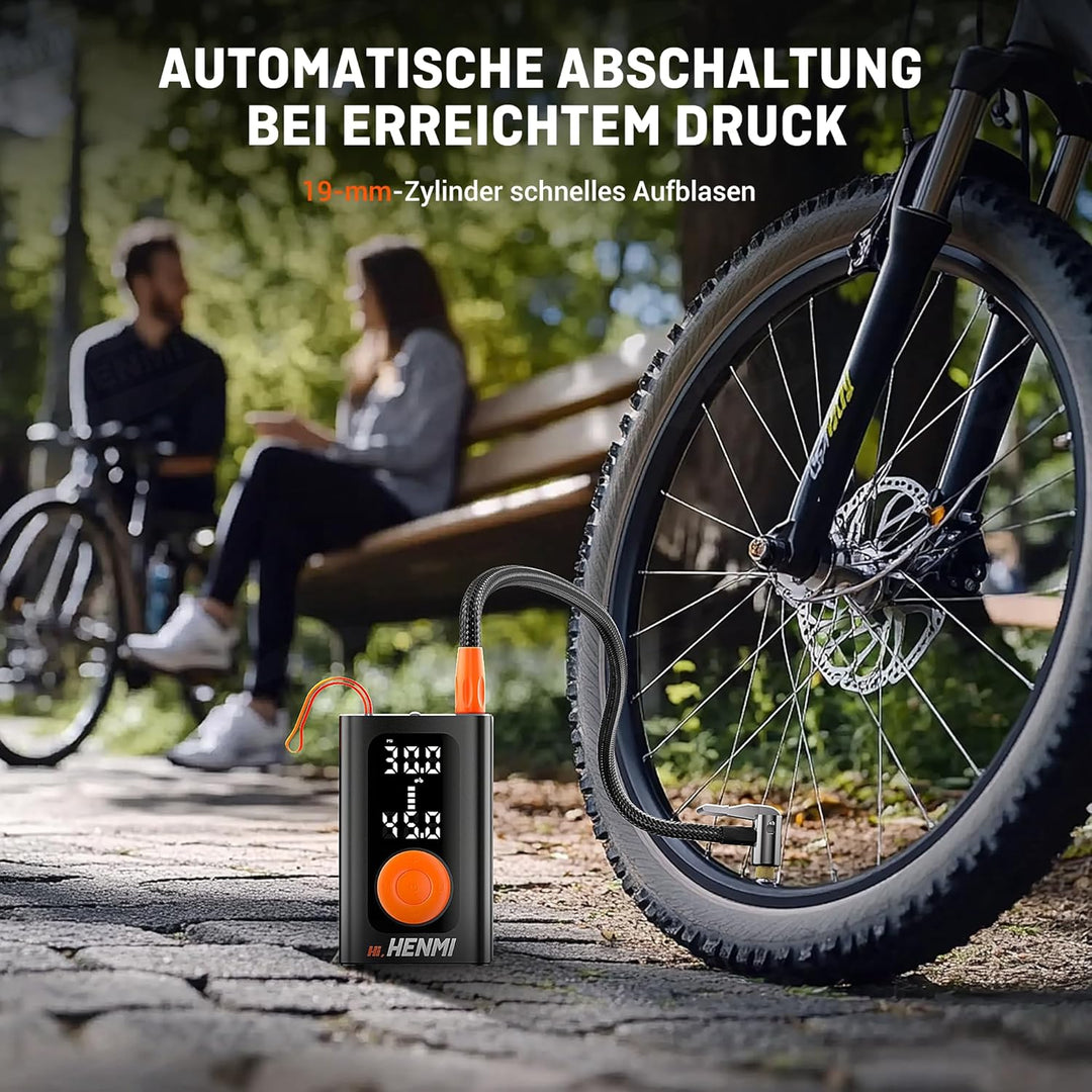 HENMI Elektrische Luftpumpe, Akku Luftpumpe Auto mit alle ventile (10,3-11,7 Bar), 7500-18000 mAh Fahrradpumpe Elektrisch mit Digitalanzeige Manometer für Fahrrad, EBike, Wohnmobil, Bälle
