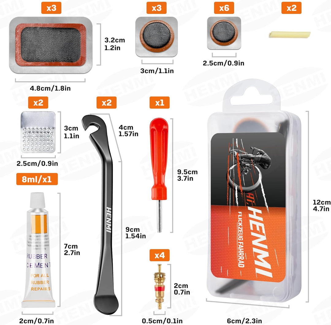 HENMI Fahrrad Flickzeug Set, Tragbar Flickset Fahrradreifen mit Reifenreparaturkleber, Patch, Metall Reifenheber, Ventilschlüssel, Ventileinsatz Kompatibel mit Allen Fahrradschläuchen 2024