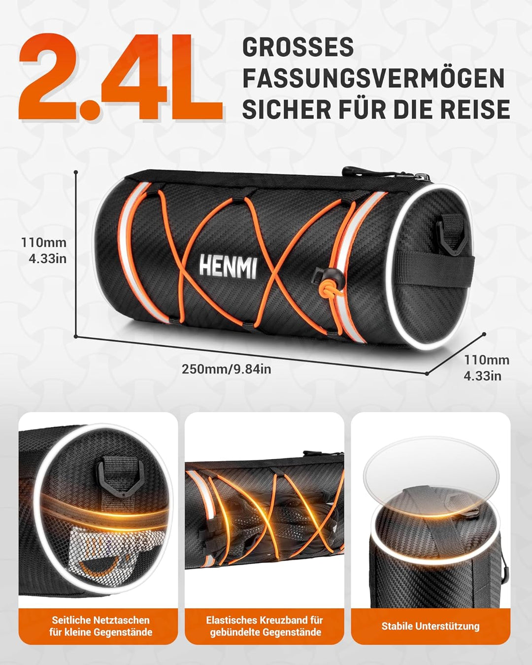 HENMI Lenkertasche Fahrrad Wasserdicht, Fahrradtasche Lenker für E-Bike, MTB, Rennrad, Lenkertasche Rennrad mit Schultergurt ca.2,4L (Orange)