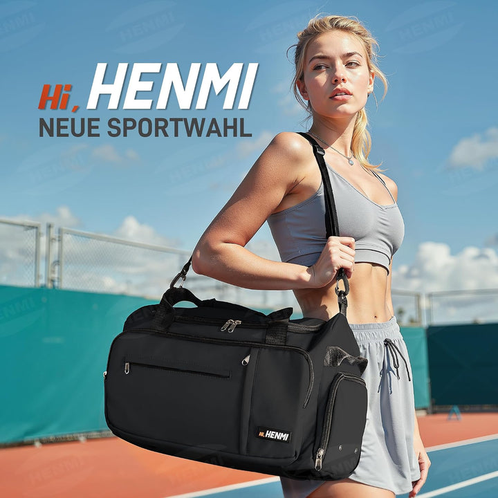 HENMI 43L Sporttasche & Reisetasche für Herren und Damen Groß gymbag mit Schuhfach & Nassfach, Faltbare Gym Tasche für Sport und Travel.Sport Tasche, Fitness Rucksack Trainingstasche