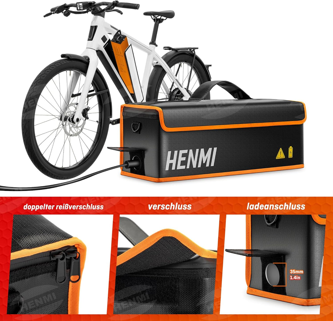 HENMI Ebike Akku Tasche, 1000 °C Feuerfest Zum Sicheren Lagern, Transportieren, Laden, Akku Tasche mit Metallschnalle 49 x 15 x 15 cm