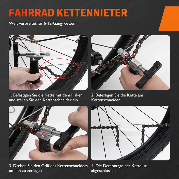 HENMI Kettennieter Fahrrad mit Fahrrad Reinigungsbürste, Kettenzange, Kettenschloss Zange und 5 Paar Fahrradketten Nieten Fahrradkette Reparatur Set für 6-12 Fach Fahrradkette