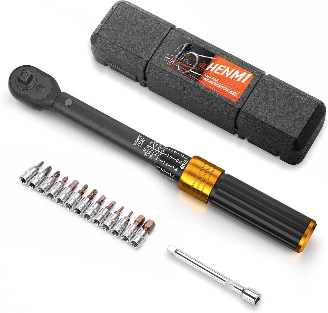 HENMI Drehmomentschlüssel Fahrrad 2-24 Nm, Drehmomentschlüssel 1/4 Zoll für Fahrrad & Motorrad, Torque Wrench Set mit 72 Zähne Ratsche, ±3% Fehlergenauigkeit, Inklusive 13 Bits & Verlängerungsstange