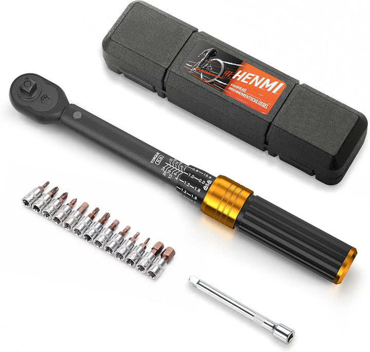 HENMI Drehmomentschlüssel Fahrrad 2-24 Nm, Drehmomentschlüssel 1/4 Zoll für Fahrrad & Motorrad, Torque Wrench Set mit 72 Zähne Ratsche, ±3% Fehlergenauigkeit, Inklusive 13 Bits & Verlängerungsstange