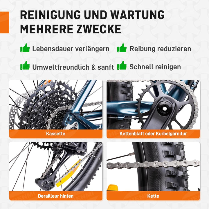 HENMI Fahrrad Reinigungsset, 7 in 1 Kettenreiniger Fahrradkette Set mit Fahrradreiniger 500ml + Fahrradkettenöl 100ml Clean Fit für Fahrradkette/Kurbel/Reifen/Radfahren Ecke Fleck für Alle Fahrräder