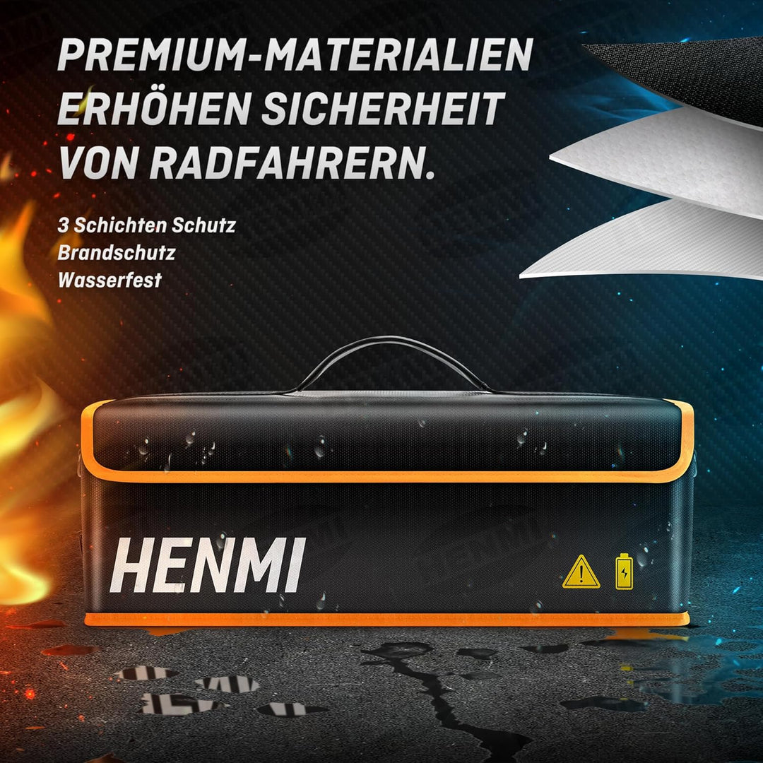 HENMI Ebike Akku Tasche, 1000 °C Feuerfest Zum Sicheren Lagern, Transportieren, Laden, Akku Tasche mit Metallschnalle 49 x 15 x 15 cm