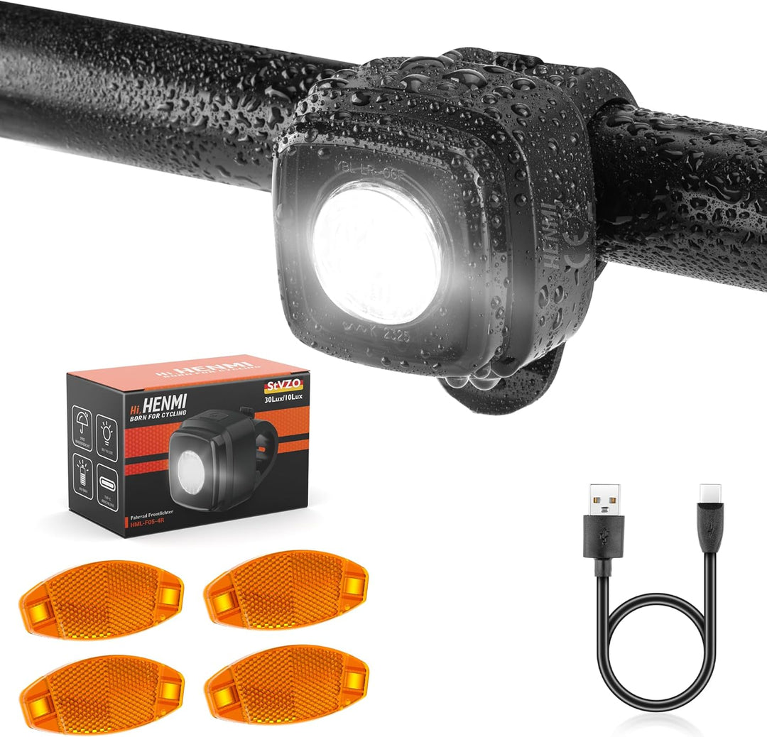 HENMI LED Fahrradlicht vorne, StVZO-zugelassen Fahrradbeleuchtung, USB Aufladbar Fahrrad Frontlicht, IPX5 Wasserdicht Fahrradlampe(mit/ohne Fahrrad Reflektoren)