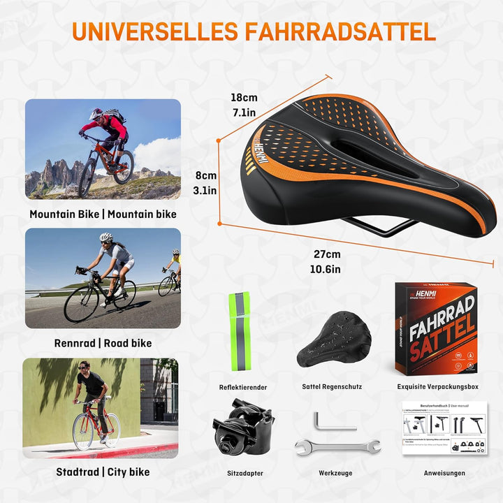 HENMI Fahrradsattel Herren Damen Weicher, Komfortabel Atmungsaktiv Stoßdämpfend Ergonomisch Fahrrad Sattel für Mountainbike MTB Trekking E-Bike Rennrad Fahrradsitz
