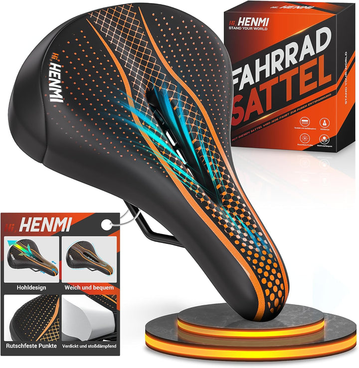 HENMI Fahrradsattel Herren Damen Weicher, Komfortabel Atmungsaktiv Stoßdämpfend Ergonomisch Fahrrad Sattel für Mountainbike MTB Trekking E-Bike Rennrad Fahrradsitz