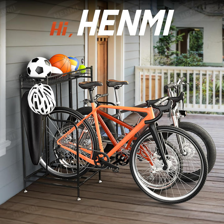 HENMI Fahrradständer mit 3 Fahrrad Ständer Stellplätze, Indoor-Fahrradaufbewahrung, Extra Breiten Korb, 2 Haken, Fahrradträger für Rennrad Ebike Mountainbike Kinderfahrrad