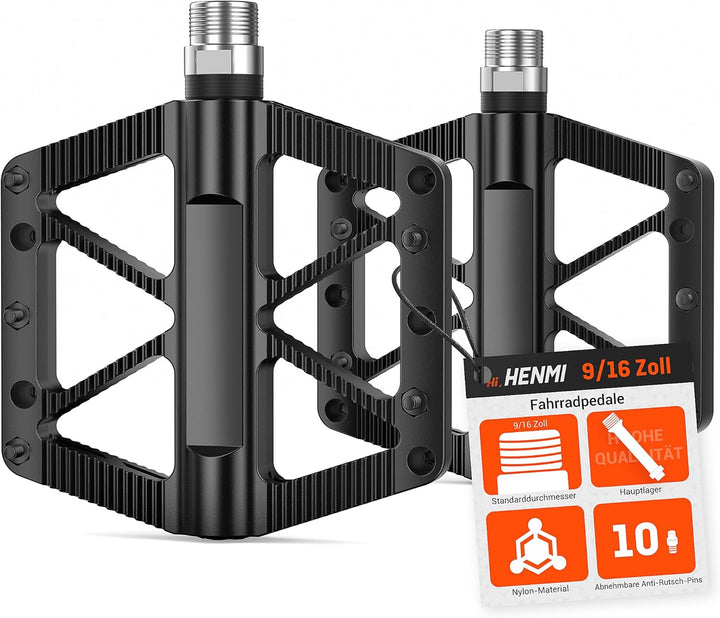 HENMI Pedale Fahrrad MTB, 9/16 Zoll Fahrradpedale rutschfest, Aluminium Flatpedale mit Abgedichtete Pedale Set für Mountainbike, E-Bike & Stadtrad