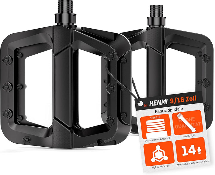 HENMI Fahrradpedale 9/16 Zoll, rutschfest Pedale Fahrrad MTB, Nylon Composite Flatpedale Set für Rennrad, Mountainbike, Trekking & E-Bike