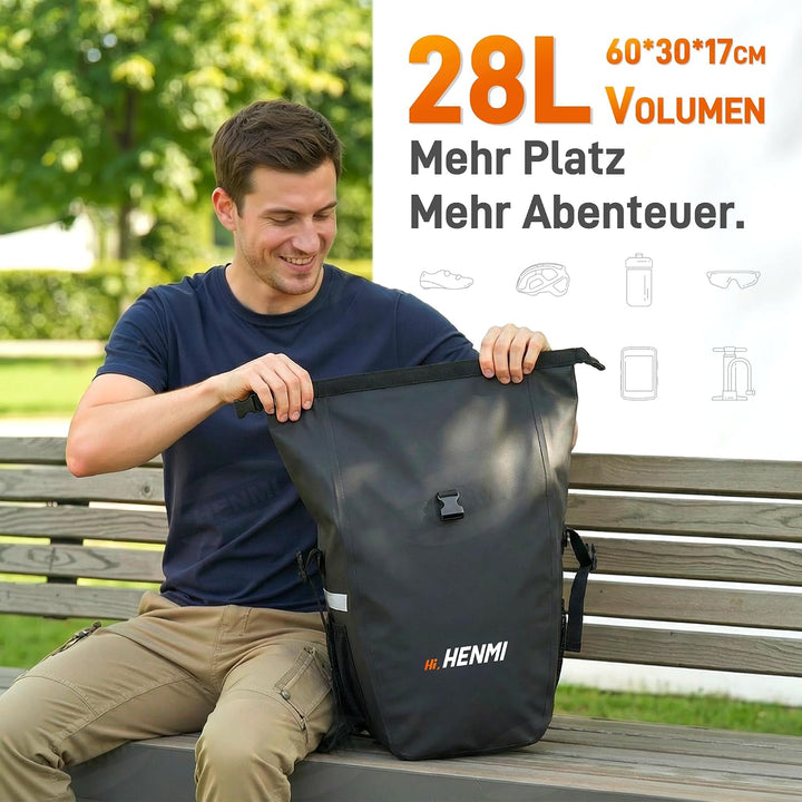 HENMI 3 in1 Fahrradtasche 28L Fahrradtaschen Gepäckträger mit Wasserdicht und Reflektierend, Geeignet als Gepäckträgertasche, Rucksack, Umhängetasche