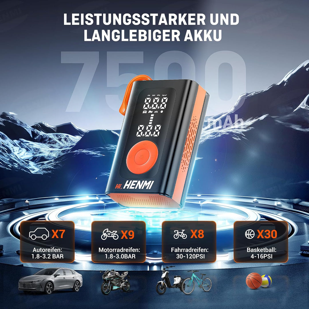 fahrradpumpe elektrisch alle ventile HENMI Elektrische Luftpumpe, Akku Luftpumpe Auto mit alle ventile (10,