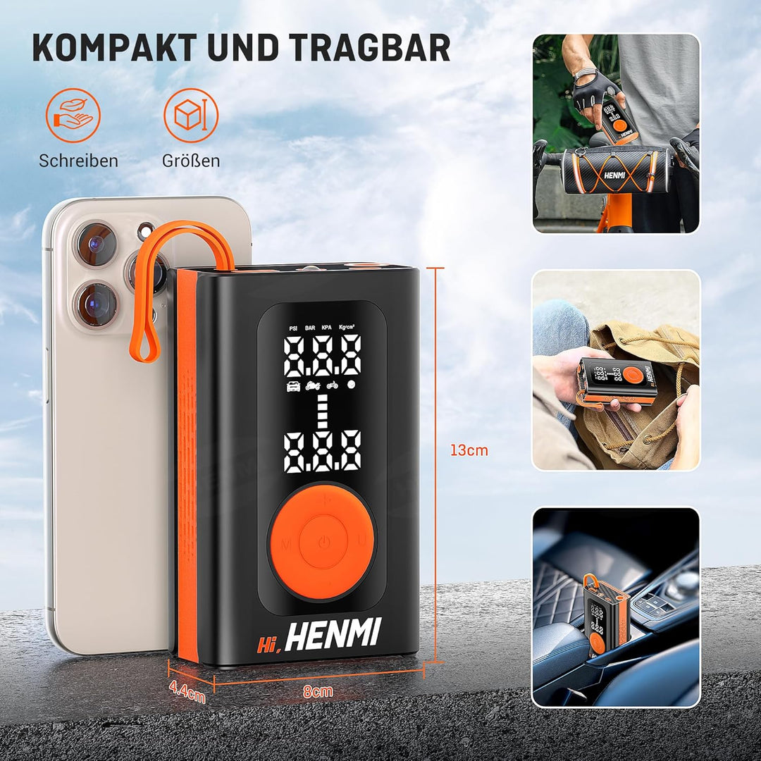 HENMI Elektrische Luftpumpe, Akku Luftpumpe Auto mit alle ventile (10,3-11,7 Bar), 7500-18000 mAh Fahrradpumpe Elektrisch mit Digitalanzeige Manometer für Fahrrad, EBike, Wohnmobil, Bälle