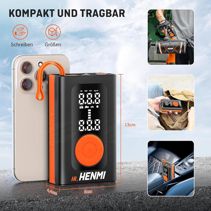 HENMI Elektrische Luftpumpe, Akku Luftpumpe Auto mit alle ventile (10,3-11,7 Bar), 7500-18000 mAh Fahrradpumpe Elektrisch mit Digitalanzeige Manometer für Fahrrad, EBike, Wohnmobil, Bälle