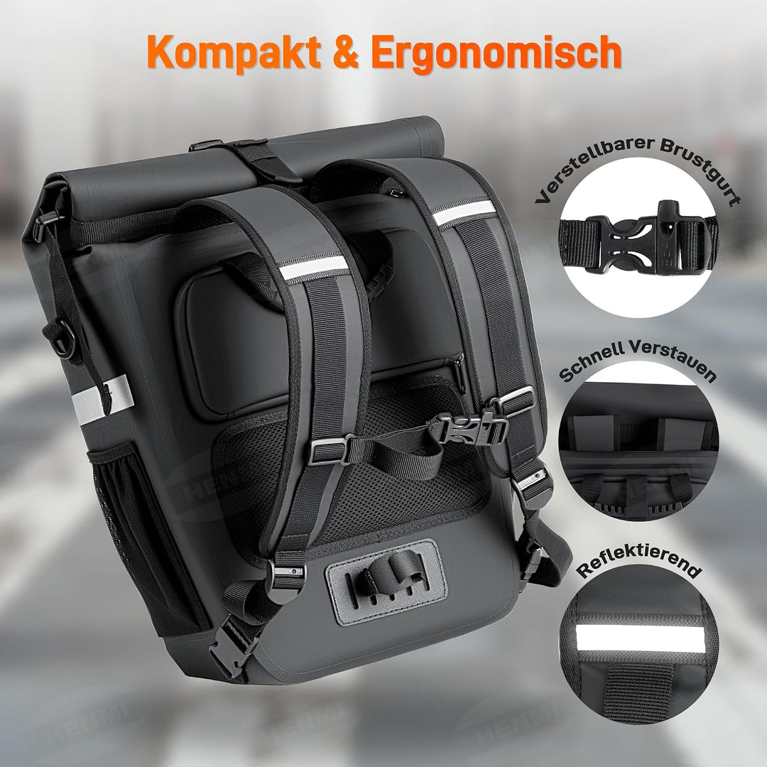 HENMI 3 in1 Fahrradtasche 28L Fahrradtaschen Gepäckträger mit Wasserdicht und Reflektierend, Geeignet als Gepäckträgertasche, Rucksack, Umhängetasche