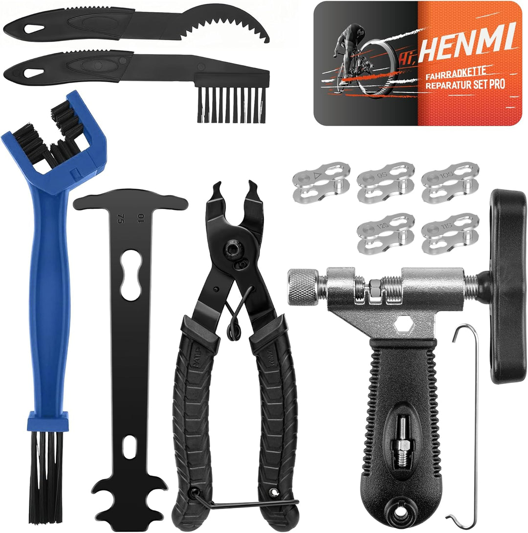 HENMI Kettennieter Fahrrad mit Fahrrad Reinigungsbürste, Kettenzange, Kettenschloss Zange und 5 Paar Fahrradketten Nieten Fahrradkette Reparatur Set