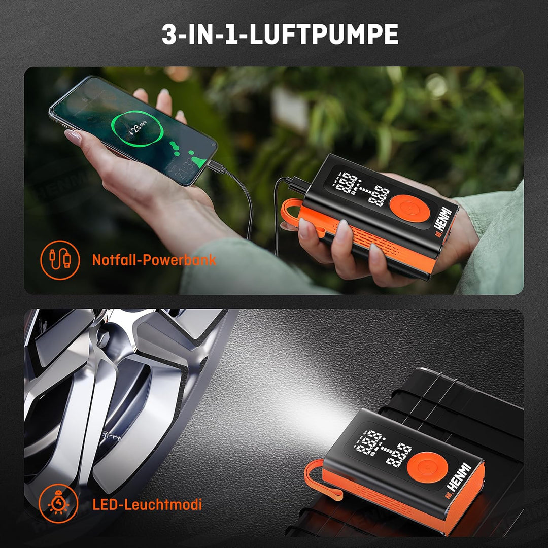 HENMI Elektrische Luftpumpe, Akku Luftpumpe Auto mit alle ventile (10,3-11,7 Bar), 7500-18000 mAh Fahrradpumpe Elektrisch mit Digitalanzeige Manometer für Fahrrad, EBike, Wohnmobil, Bälle