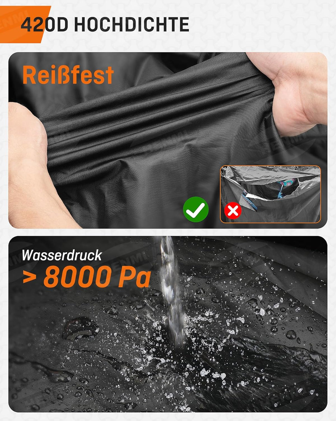 HENMI Fahrradabdeckung Wasserdicht 420D, Fahrradgarage Wetterfest mit Aufbewahrungstasche, UV-Schutz, Reißfest, Schlossösen Fahrradplane für E-bike, Holzpferd, Roller Motorroller (210x110x70 cm)