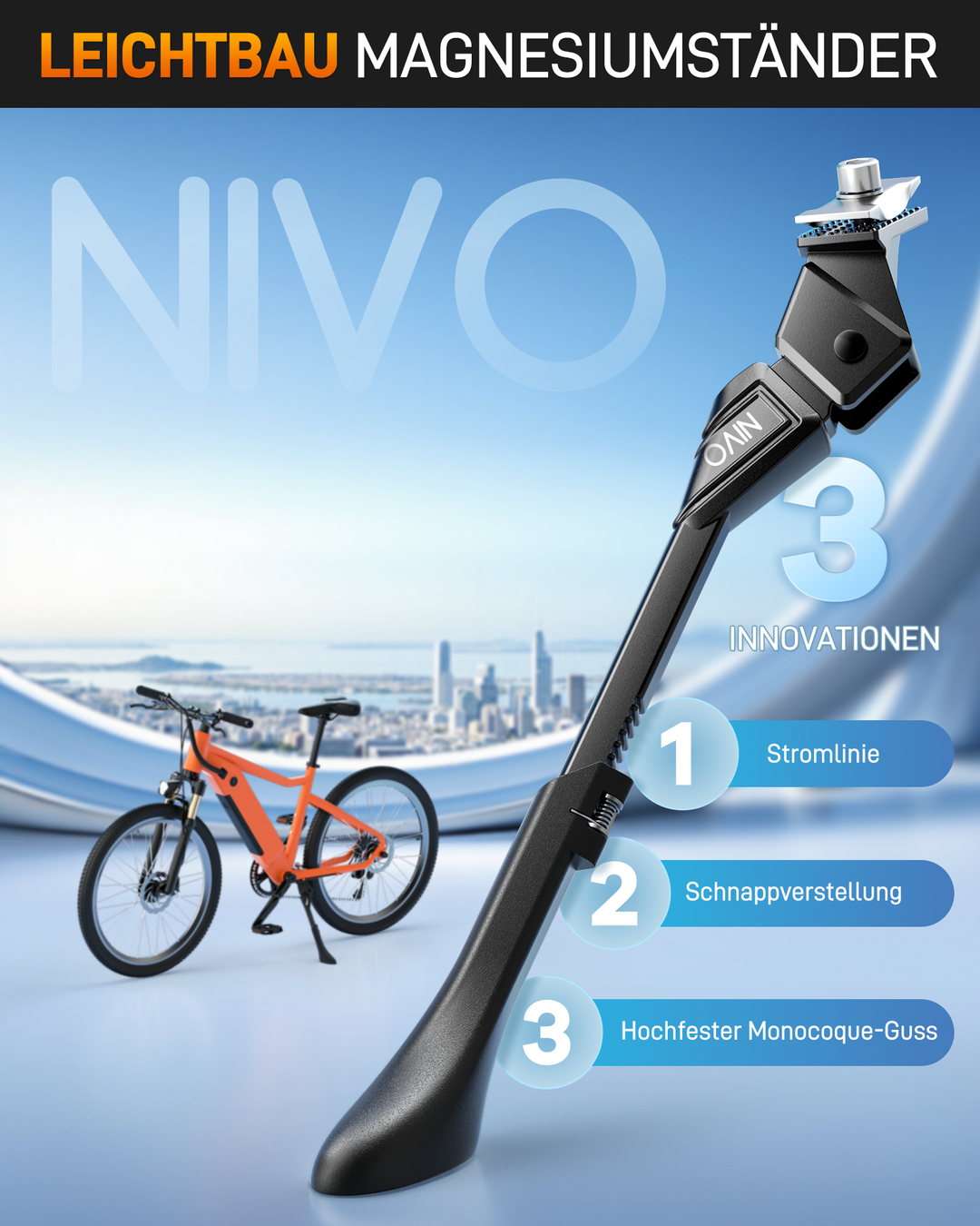 NIVO Fahrradständer 24-29 Zoll Höheverstellbar Mittelständer Ultra für E-Bike, Mountainbike, Trekkingrad, Cityrad Fahrradständer Seitenständer